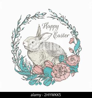 Handgezeichnete niedliche Osterhase in einem Blumenkranz Farbe Vektor-Illustration. Kleiner Hase in einer Weide Zweige Rahmen abstrakte Skizze mit Grüßen Stock Vektor