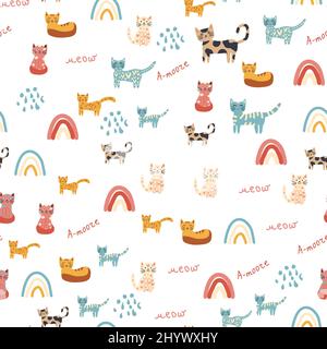 Nahtloses Kindermuster mit lustigen bunten Katzen und Regenbögen. Kreative skandinavische Kindertextur. Meow-Inschrift Stock Vektor
