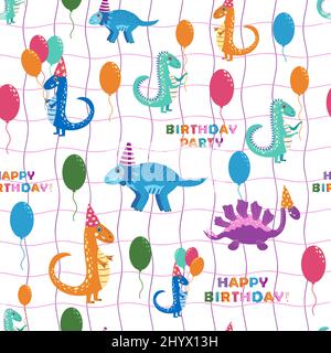 Nahtloses Muster mit niedlichen Dinosauriern. Dinosaurier feiern ihren Geburtstag mit Geschenken und Süßigkeiten. Nahtloses Muster mit niedlichen Dinosauriern Happy Birthday Stock Vektor