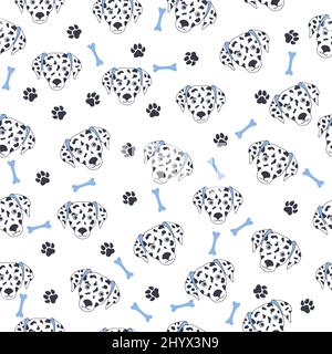 Schwarz-weißer Hundemausch Dalmatiner. Nahtloses Muster mit niedlichen Cartoon-Hunden Schnauze Dalmatianer. Stock Vektor