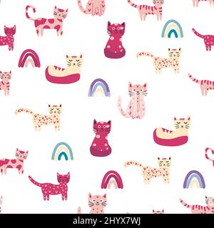Nahtloses Kindermuster mit lustigen bunten Katzen und Regenbögen. Kreative skandinavische Kindertextur. Meow-Inschrift Stock Vektor