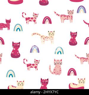 Nahtloses Kindermuster mit lustigen bunten Katzen und Regenbögen. Kreative skandinavische Kindertextur. Meow-Inschrift Stock Vektor