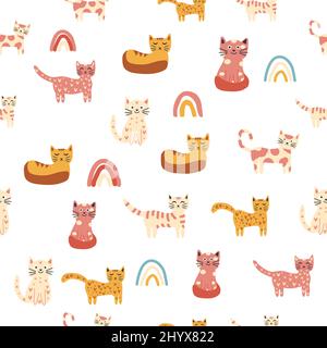 Nahtloses Kindermuster mit lustigen bunten Katzen und Regenbögen. Kreative skandinavische Kindertextur. Meow-Inschrift Stock Vektor
