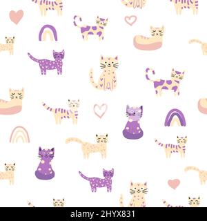 Nahtloses Kindermuster mit lustigen bunten Katzen und Regenbögen. Kreative skandinavische Kindertextur. Meow-Inschrift Stock Vektor