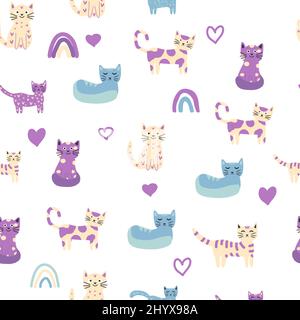 Nahtloses Kindermuster mit lustigen bunten Katzen und Regenbögen. Kreative skandinavische Kindertextur. Meow-Inschrift Stock Vektor