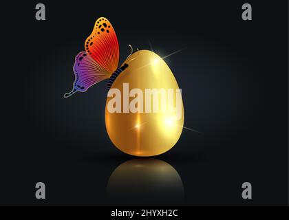 Realistisches goldenes Ei mit luxuriösen bunten Schmetterling, Ostern Konzept Vektor-Illustration isoliert auf schwarzem Hintergrund Stock Vektor
