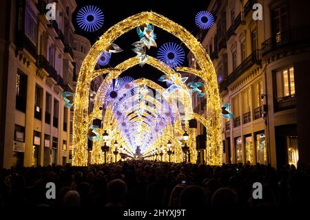 Tausende Menschen genießen das Weihnachtsspektakel "der Weihnachtswald", in der berühmten Straße Marquez de Larios, dem Zentrum von Malaga. Stockfoto