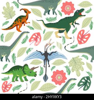 Handgezeichnetes nahtloses Muster mit Dinosauriern und tropischen Blättern und Blumen. Perfekt für Kinder Stoff, Textil, Kindertapete. Niedliches Dino-Design. Stock Vektor