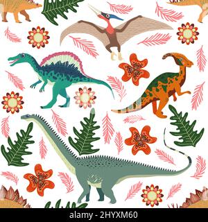 Handgezeichnetes nahtloses Muster mit Dinosauriern und tropischen Blättern und Blumen. Perfekt für Kinder Stoff, Textil, Kindertapete. Niedliches Dino-Design. Stock Vektor