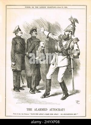 Der alarmierte Autokrat. Punch-Karikatur von 1891 von John Tenniel, der den russischen Zaren Alexander III. Wegen der Vertreibung der meisten Juden aus Moskau lahmte Stockfoto