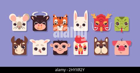 Flache chinesische Tierkreis Tiere Element für Monate Jahr. Niedliche bunte quadratische Tiergesichter. App Avatar Icon Set, Design singt. Kid Sammlung Kopf Form des Haustiersymbols in china Kalender. Stock Vektor