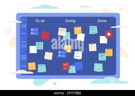 Farbstiftpapier auf der Kanban-Arbeitsfläche. Flacher blauer Scrum-Rahmen. Projektplan für Arbeit oder Bildung mit selbstklebenden Notizen. Sprint-Planung mit Tracking-Aufgaben. Agiles Projektmanagement-Konzept Stock Vektor