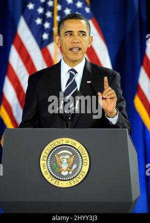 US-Präsident Barack Obama diskutiert die Wirtschaft am Forsyth Community College in Winston-Salem, North Carolina Stockfoto