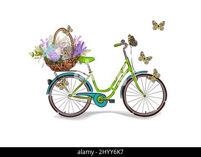 Rennrad mit Schmetterlingen und einem Korb mit Blumen . Vektorgrafik Stock Vektor