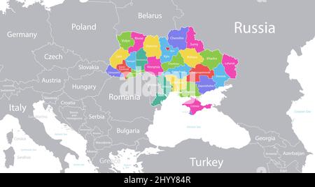 Ukraine-Karte mit einzelnen Regionen farbig und Hauptstadt, mit einzelnen Nachbarstaaten mit Namen Vektor Stock Vektor