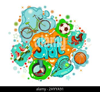 Sport Text und Sportgeräte Set. Graffiti. Vektorgrafik Stock Vektor