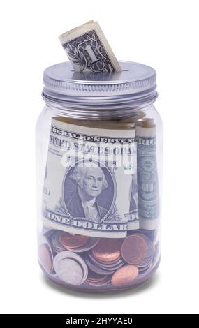 Glas Spenden Spitze Glas mit Deckel geschnitten auf Weiß. Stockfoto