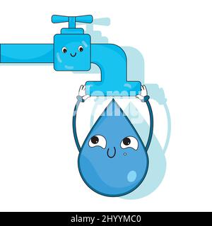 Isoliert glücklich Wassertropfen Cartoon hängen von einem Wasserhahn Vektor Stock Vektor