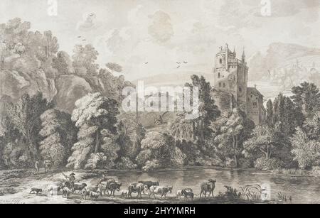 Landschaft mit Schloss und Schäferhund, die Herde hüten. Cornelis Ploos van Amstel (Holland, Weesp, 1726-1798)Cornelis Brouwer (Niederländisch, 1733 - 1803). Holland, 1704. Drucke; Radierungen. Wachsmalstift (in der Technik von Ploos van Amstel) Stockfoto