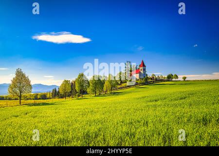 Ländliche Landschaft mit einer Kirche im Hintergrund. Kirche des heiligen Kosmas in Abramova, Region Turiec, Slowakei, Europa. Stockfoto