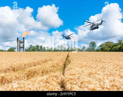 Militärhubschrauber fliegen über Weizenfeld und Gaskamin. Konzeptbild: Ukraine Russland-Konflikt, Weizen, Lebensmittelknappheit, russische Sanktionen... Stockfoto