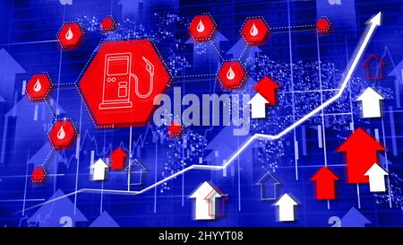Konzept zur Erhöhung der Kraftstoffpreise - Hightech-Hintergrund mit Tankpumpenschild und steigender Grafik. Stockfoto