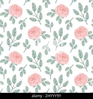 Zartes florales Nahtmuster mit Rosen und Pfingstrosen. Handgezeichnete Vektorgrafik Stock Vektor