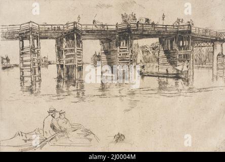 Alte Putney Bridge. James Abbott McNeill Whistler (USA, 1834-1903). Usa, 1879. Drucke; Radierungen. Ätzen und Trockenpunkt Stockfoto