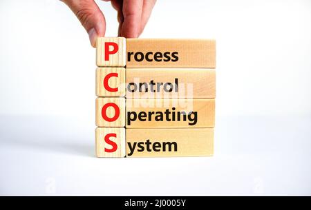 Symbol für das Betriebssystem der PCOS-Prozesssteuerung. Konzeptwörter PCOS Prozessleitsystem auf Blöcken auf weißem Hintergrund. Business-PCOS-Produkte Stockfoto