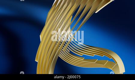 3D Illustration von abstrakten Goldlinien auf blauem Hintergrund Stockfoto