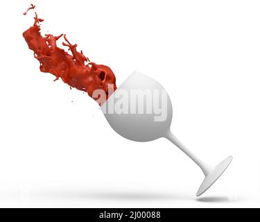 Weinglas mit Rotweinspritzern von Flüssigkeit isoliert auf weißem monochromen Hintergrund. 3D Render von Getränkeschablone zum Toasten und Feiern Stockfoto