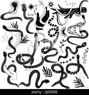 Mystische Boho-Schlange. Schwarz-weiß von Schlange, Blättern, Blumen, Schlange umwickelt um Hand und Mond. Hexerei und Wilder Westen. Geheimnisvolle Schlangen. vektor-Illustration. Stock Vektor