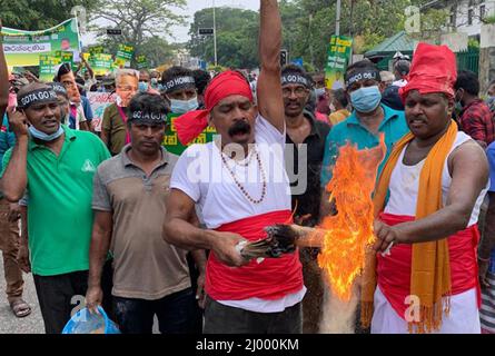 Colombo, Sri Lanka. 15.. März 2022. Die wichtigste Oppositionspartei 'Samagi Jana Balaugaya (SJB)' organisierte einen protestmarsch, um sich gegen das Verhalten der aktuellen Regierung zu stellen. Tausende von Menschen aus dem ganzen Land versammelten sich in Colombo, um die „gescheiterte“ Regierung zum Rücktritt zu drängen. Stockfoto