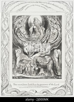 Satan geht aus der Gegenwart des Herrn hervor. William Blake (England, London, 1757-1827). England, veröffentlicht 1826. Drucke; Gravuren. Gravur auf Papier aus Indien (oder China) Stockfoto