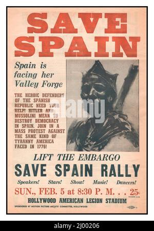 SPANISCHER BÜRGERKRIEG Zeitungsartikel „Spanien steht vor ihrem Valley Forge“ Amerika USA, 1930er Deutsche Beteiligung am Spanischen Bürgerkrieg begann mit dem Ausbruch des Bürgerkriegs im Juli 1936, Adolf Hitler schickt sofort mächtige Luft- und Panzereinheiten, um General Francisco Franco und seine nationalistischen Truppen zu unterstützen. Die Sowjetunion schickte kleinere Truppen, aber viele moderne Waffen, um die republikanische Regierung zu unterstützen. Großbritannien und Frankreich sowie zwei Dutzend andere Länder haben ein Embargo gegen jede Art von Munition oder Soldaten nach Spanien verhängt. Auch Nazideutschland unterzeichnete das Embargo, ignorierte es aber einfach. Stockfoto