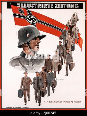 Nazi-Deutschland Wehrmachtsarmee Propaganda WW2 Rekrutierung Rekrutierungs-Poster 'die deutsche Wehrfreiheit' 'die deutsche Militärfreiheit' Illustrierte Zeitung Lepzig Nazi-Deutschland Zweiter Weltkrieg Zweiter Weltkrieg Stockfoto