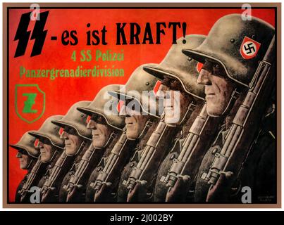 NAZI-SS-POLIZEI Jahrgang 1940 WW2 Nazi-Propaganda Rekrutierungsplakat für die SS-Polizei, 'Panzergrenadierdivision' Panzergrenadierdivision 'SS es ist KRAFT !' SS ist es MACHT Nazi Deutschland Stockfoto