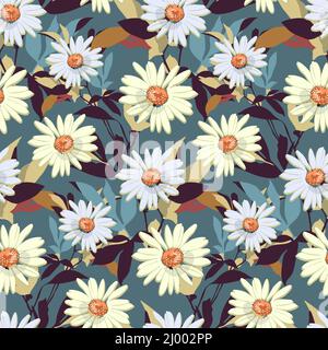 Vektor-Nahtloses Blumenmuster. Weiße und gelbe Gänseblümchen auf einem meergrünen Hintergrund. Stock Vektor