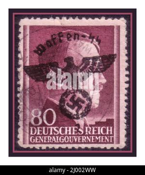 1940s Nazi-Briefmarke Waffen SS-Postmarke auf Deutschen Reich Generalregierung Briefmarke auf 80 Reichspfennigen mit Porträt Adolf Hitlers hinter dem Zweiten Weltkrieg Stockfoto