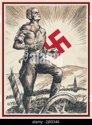 1930s Nazi-Propagandaposterkarte, auf der eine gesunde, blonde, arierdeutsche Jugend die Bande von gestern durchbricht und in die Zukunft mit der deutschen Nazi-Partei blickt. Die Swastika wird als symbolische aufgehende, futuristisch leuchtende Sonne dargestellt. Nazi-Deutschland Stockfoto