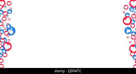 Mag Herzen und Daumen, die für Geschichten und Livestreams hochfliegen. Rahmen mit „Gefällt mir“- und „Daumen“-Symbolen für die Social-Media-benutzeroberfläche. Vector Illlustration isoliert in Stock Vektor