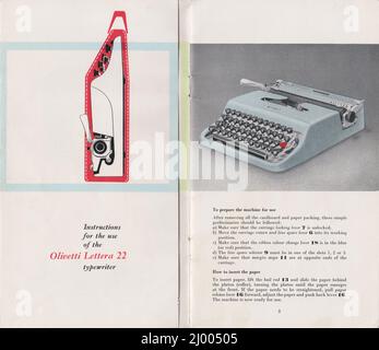 Olivetti Lettera 22 Schreibmaschine Bedienungsanleitung und Schreibanleitung (1950-1962) Stockfoto