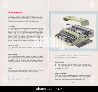 Olivetti Lettera 22 Schreibmaschine Bedienungsanleitung und Schreibanleitung (1950-1962) Seiten 14 und 15 Stockfoto