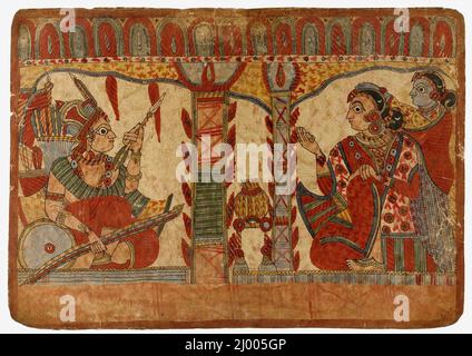 Subhadra erzählt Abhimanyu, dass seine Verlobung mit Vatsala annulliert wurde, Szene aus der Geschichte der Ehe von Abhimanyu und Vatsala, Folio aus einem Mahabharata ([Krieg der] Großen Bharatas). Indien, Maharashtra, Paithan, um 1850. Zeichnungen; Aquarelle. Deckendes Aquarell auf Papier Stockfoto