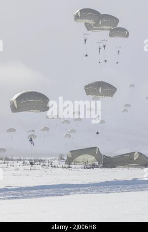 Fort Greely, Usa. 11. März 2022. Fallschirmjäger der kanadischen und der US-Armee führen während einer gemeinsamen Einreiseoperation im Rahmen der Übung Arctic Edge in der Donnelly Drop Zone am 11. März 2022 in Fort Greely, Alaska, einen Fallschirm aus. Kredit: SSGT. Christopher Dennis/USA Army/Alamy Live News Stockfoto