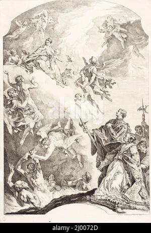 Papst Gregor der große und der Heilige Vitale, die für die Seelen im Fegefeuer Fürsprache einlegen. Francesco Fontebasso (Italien, Venedig, 1707-1769)Sebastiano Ricci (Italien, Venedig, 1659-1734). Italien, um 1734. Drucke; Radierungen. Ätzen Stockfoto