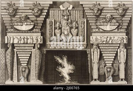 Chimneypiece im ägyptischen Stil: Zwei Mumien im Profil auf der linken Seite und zwei Figuren mit Obelisken auf der rechten Seite. Giovanni Battista Piranesi (Italien, Mogliano, 1720-1778). Italien, 1769. Drucke; Gravuren. Ätzen Stockfoto