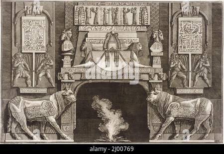 Chimneypiece im ägyptischen Stil: Sturz mit angeaddierten Sphinxen, flankiert von Bullen im Profil. Giovanni Battista Piranesi (Italien, Mogliano, 1720-1778). Italien, 1769. Drucke; Gravuren. Ätzen Stockfoto