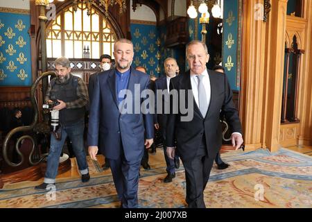 Moskau, Moskau, Russische Föderation. 15. März 2022. Der russische Außenminister SERGEI LAWROW und der iranische Außenminister HOSSEIN AMIR-ABDOLLAHIAN bei ihrem Treffen am 15. März 2022 in Moskau, Russland. (Bild: © Iranisches Außenministerium via ZUMA Press Wire) Stockfoto