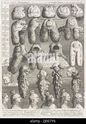 Die fünf Orden der Perriwigs, wie sie bei der späten Krönung getragen wurden, wurden architektonisch gemessen. William Hogarth (England, London, 1697-1764). England, 1761. Drucke; Gravuren. Ätzen Stockfoto